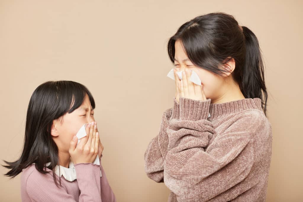 花粉症でくしゃみが止まらない二人の子供の様子