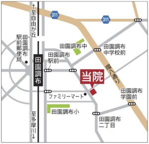 田園調布駅東口から徒歩5分、ABC Dental 子ども専門 小児歯科 矯正歯科への簡易マップ。自由が丘・武蔵小杉からも電車で10分圏内。