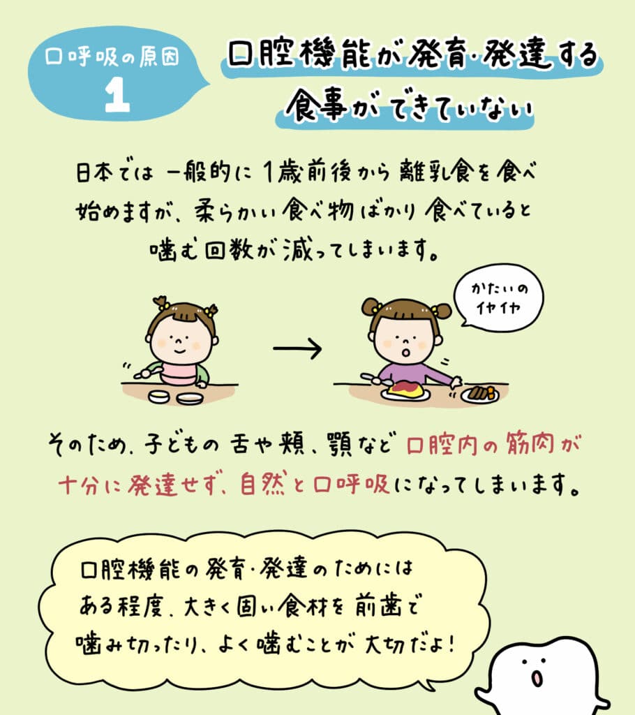 子供は生まれた時は鼻呼吸_2_口をポカンと開けた子どもと鼻呼吸する子どもの解説イラスト。原因・リスク・改善法を示す図解。