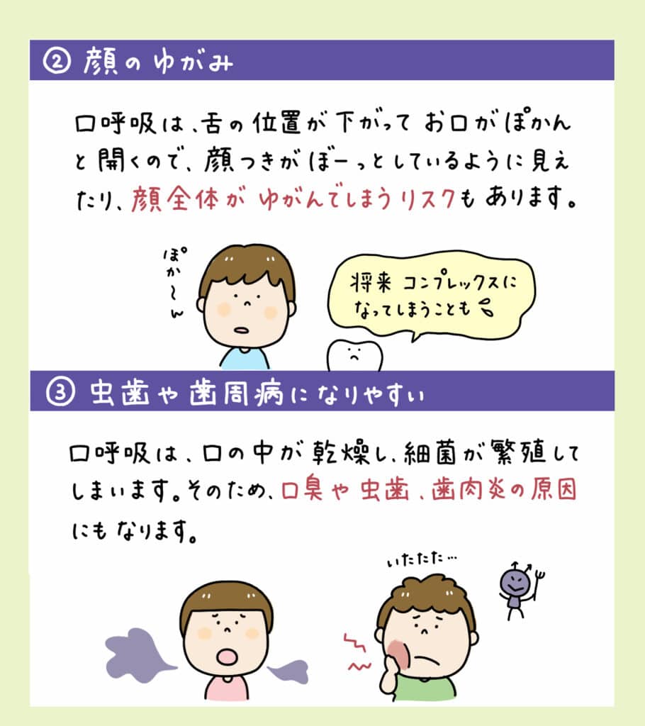 子供は生まれた時は鼻呼吸_8_口をポカンと開けた子どもと鼻呼吸する子どもの解説イラスト。原因・リスク・改善法を示す図解。